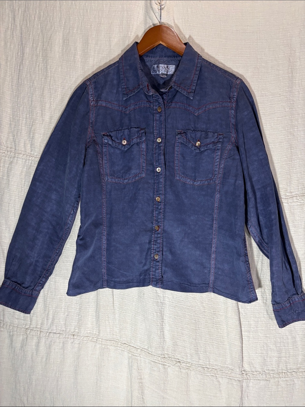 Ryan Michael Silk Linen Western Pearl Shell Button Down Shirt Size L EUC
